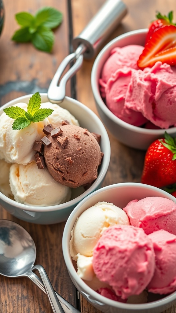 Three bowls of homemade ice cream: vanilla, chocolate, and strawberry, with fresh toppings.